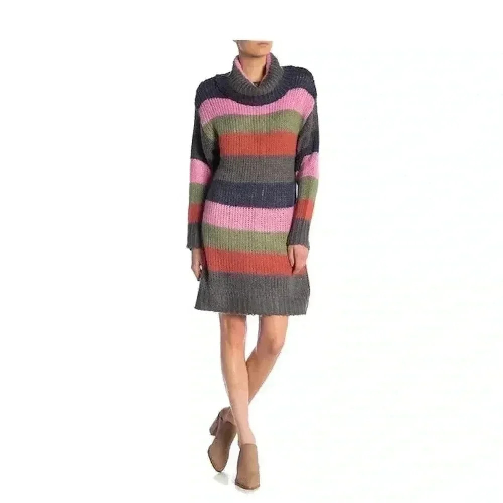 Solutions Sweater Dress Color-block Mock Neck